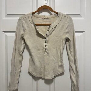 JOA Ribbed Henley Long Sleeve Top – Cream (Free People Style)